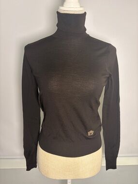 Yves Saint Laurent Black Turtleneck Sweater with Gold Crest Accent 100% Wool S